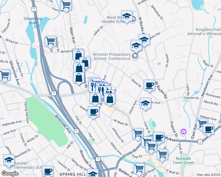 map of restaurants, bars, coffee shops, grocery stores, and more near 13 Center Avenue in Norwalk