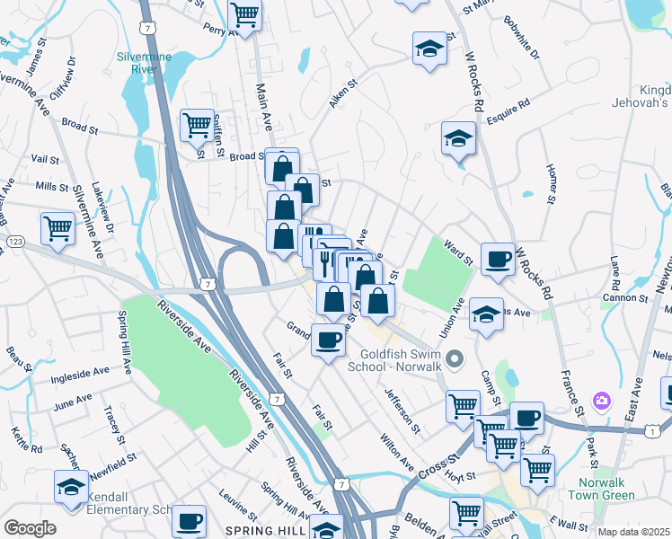 map of restaurants, bars, coffee shops, grocery stores, and more near 5 Plymouth Avenue in Norwalk