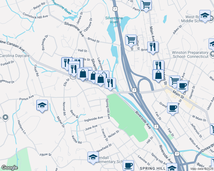 map of restaurants, bars, coffee shops, grocery stores, and more near 76 Connecticut 123 in Norwalk