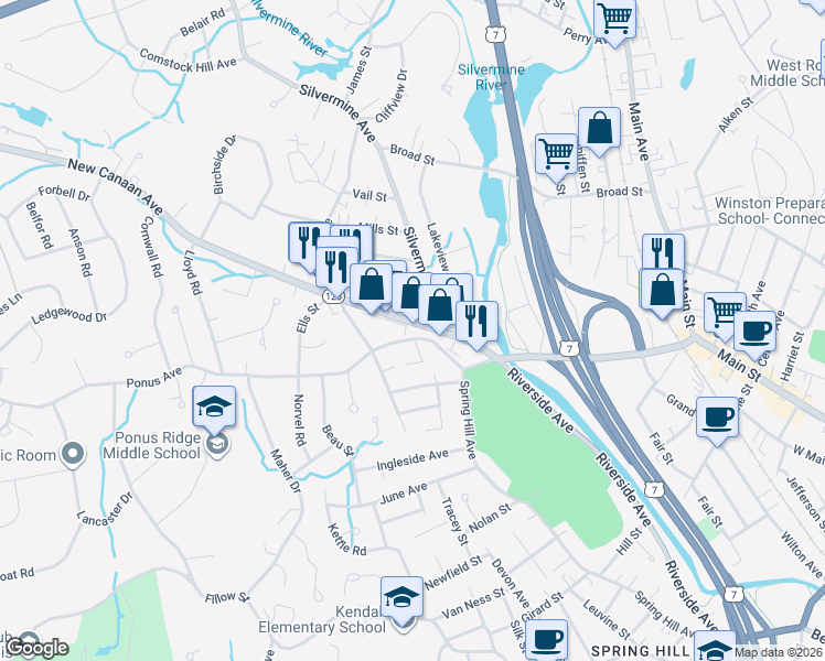 map of restaurants, bars, coffee shops, grocery stores, and more near 93 New Canaan Avenue in Norwalk