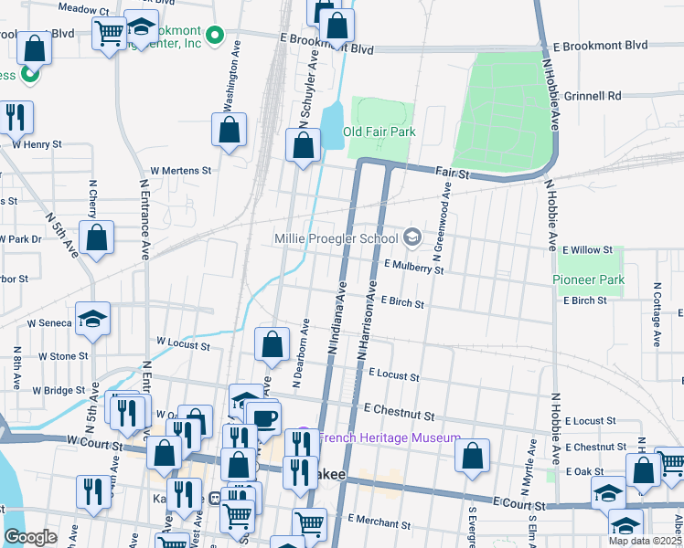 map of restaurants, bars, coffee shops, grocery stores, and more near 642 North Indiana Avenue in Kankakee