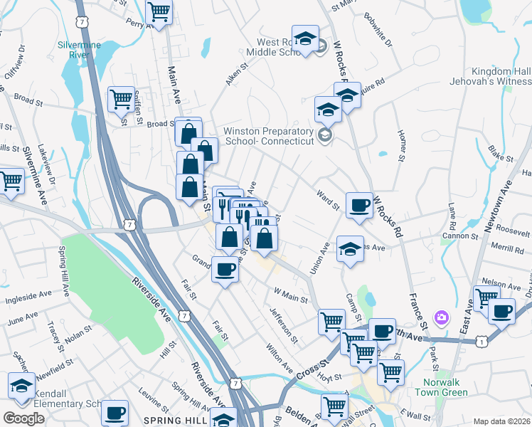 map of restaurants, bars, coffee shops, grocery stores, and more near 13 Center Avenue in Norwalk