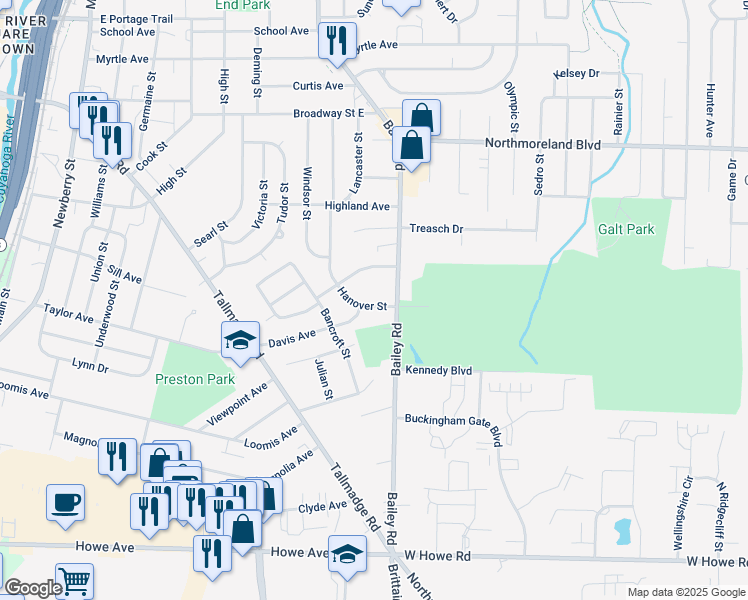 map of restaurants, bars, coffee shops, grocery stores, and more near 1619 Hanover Street in Cuyahoga Falls