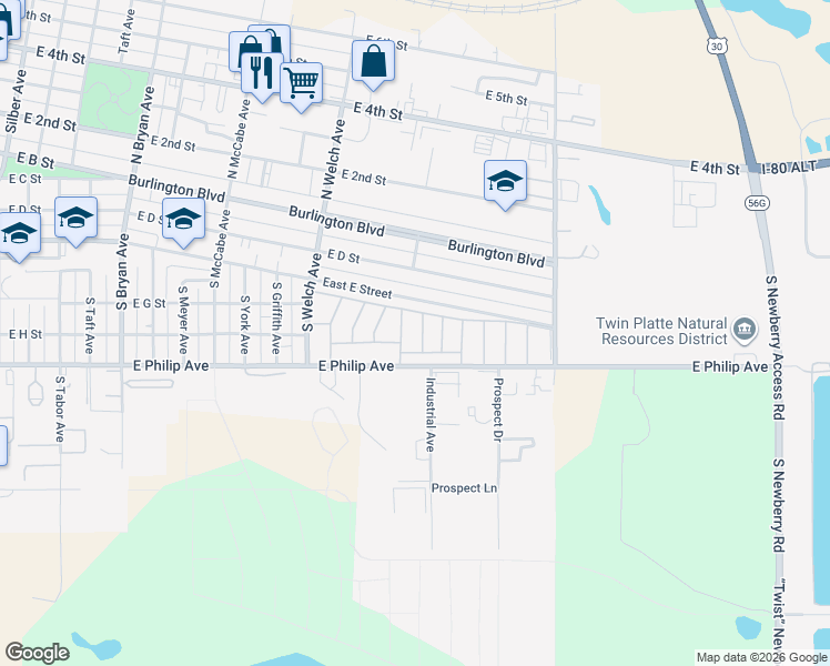 map of restaurants, bars, coffee shops, grocery stores, and more near 2300 East Philip Avenue in North Platte