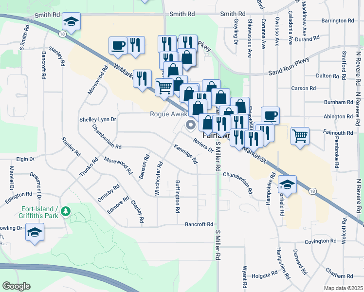 map of restaurants, bars, coffee shops, grocery stores, and more near 161 Kenridge Road in Fairlawn