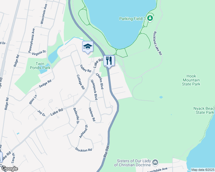 map of restaurants, bars, coffee shops, grocery stores, and more near 734 Route 9W in Valley Cottage