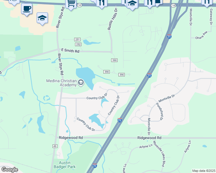 map of restaurants, bars, coffee shops, grocery stores, and more near 3273 Rustic Lake Drive in Medina