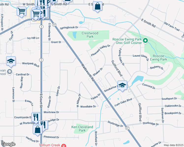 map of restaurants, bars, coffee shops, grocery stores, and more near 607 Shaker Dr in Medina