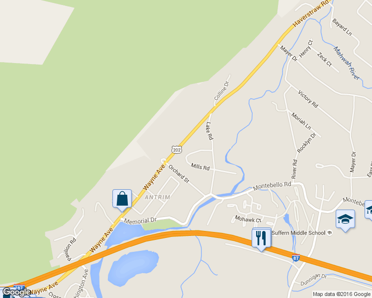 map of restaurants, bars, coffee shops, grocery stores, and more near 9 Mills Road in Suffern