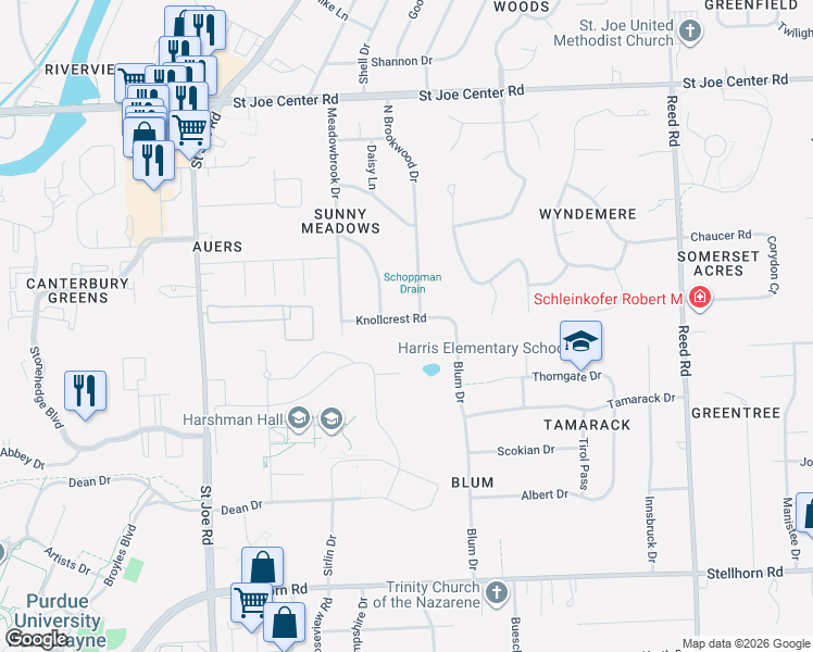 map of restaurants, bars, coffee shops, grocery stores, and more near 3828 Knollcrest Road in Fort Wayne