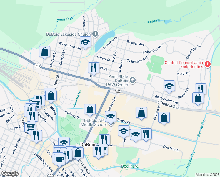 map of restaurants, bars, coffee shops, grocery stores, and more near 400 East Dubois Avenue in DuBois