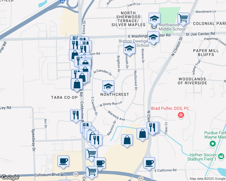 map of restaurants, bars, coffee shops, grocery stores, and more near 5301 Archwood Lane in Fort Wayne