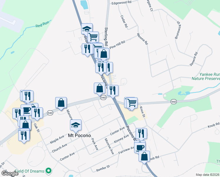 map of restaurants, bars, coffee shops, grocery stores, and more near 503 Pocono Boulevard in Mount Pocono
