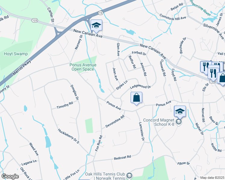 map of restaurants, bars, coffee shops, grocery stores, and more near 12 Styles Ln in Norwalk