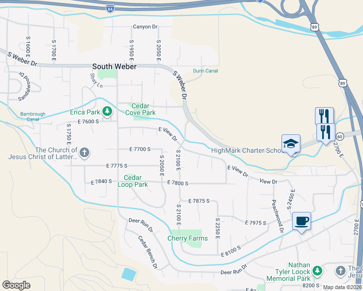 map of restaurants, bars, coffee shops, grocery stores, and more near 7679 South 2100 East in South Weber