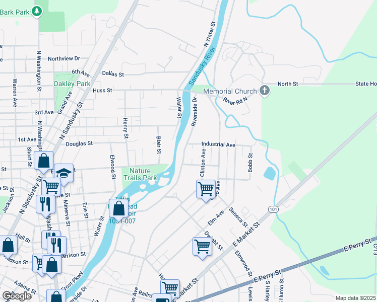 map of restaurants, bars, coffee shops, grocery stores, and more near 410-498 Riverside Drive in Tiffin