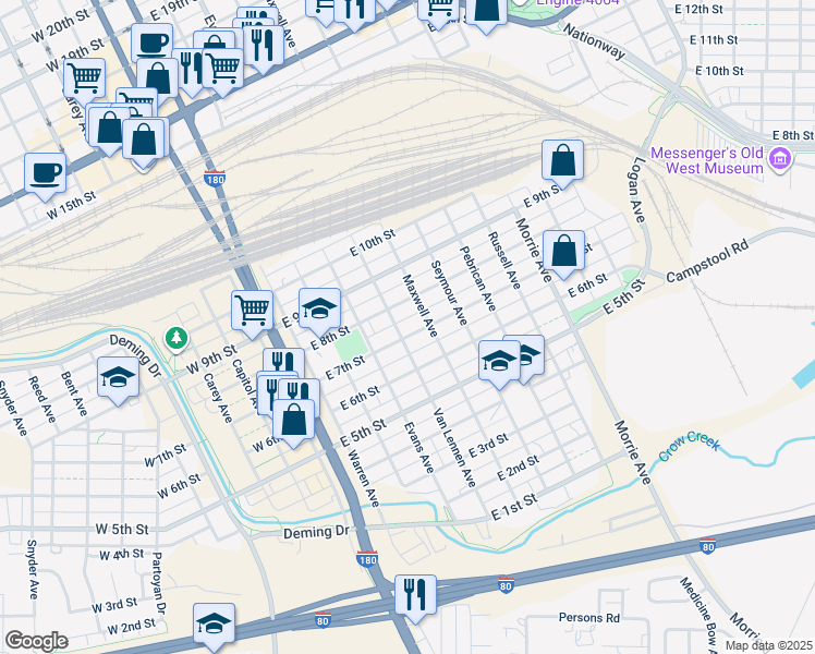 map of restaurants, bars, coffee shops, grocery stores, and more near 416 East 7th Street in Cheyenne