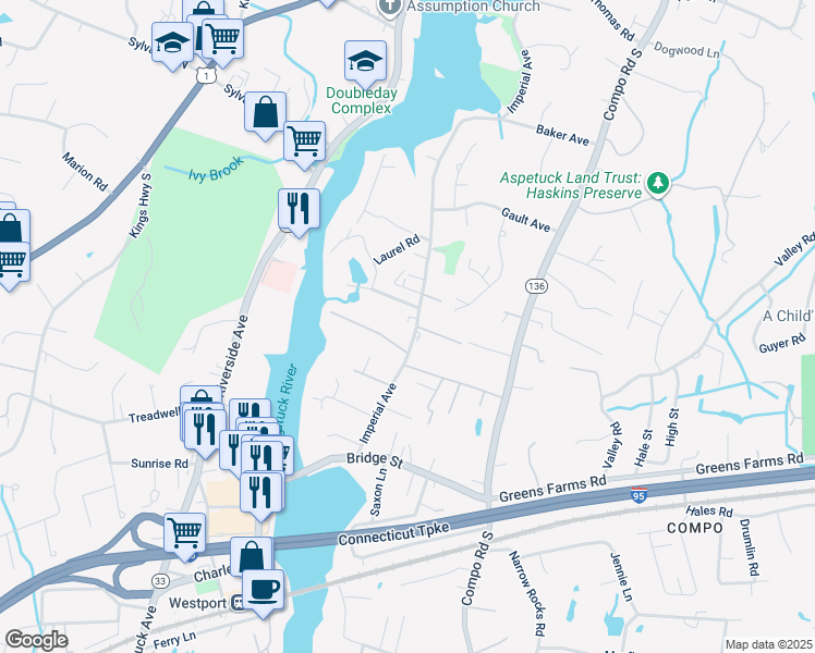 map of restaurants, bars, coffee shops, grocery stores, and more near 4 Oak Ridge Park in Westport