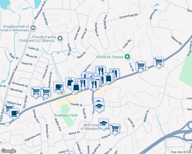 map of restaurants, bars, coffee shops, grocery stores, and more near 320 Strawberry Hill Avenue in Norwalk