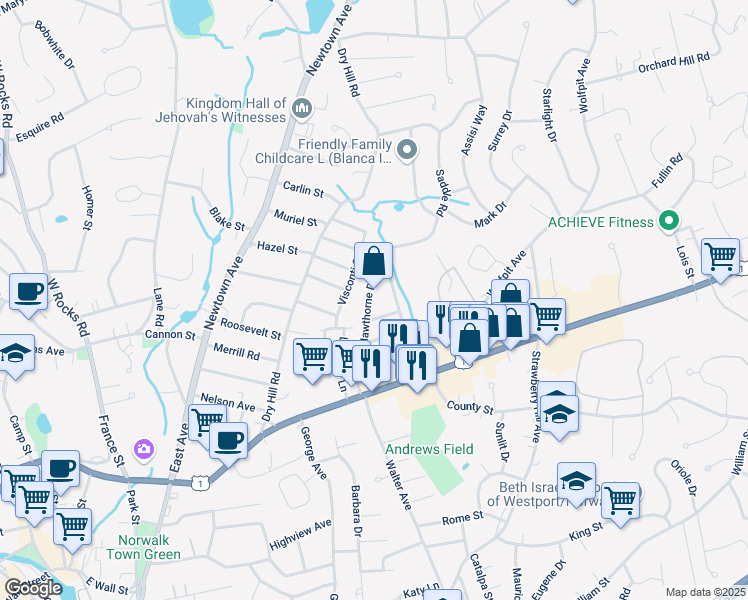 map of restaurants, bars, coffee shops, grocery stores, and more near 14 Hawthorne Drive in Norwalk