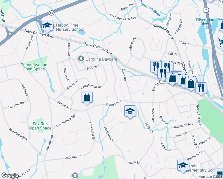map of restaurants, bars, coffee shops, grocery stores, and more near 9 Cornwall Road in Norwalk