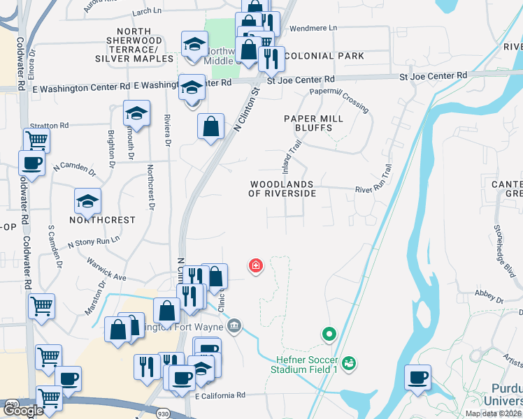 map of restaurants, bars, coffee shops, grocery stores, and more near 5301 Bedrock Court in Fort Wayne