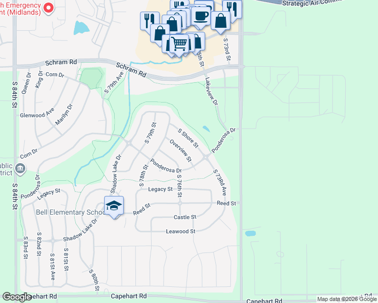 map of restaurants, bars, coffee shops, grocery stores, and more near 7528 Overview Street in Papillion