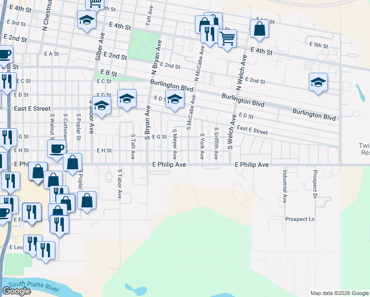 map of restaurants, bars, coffee shops, grocery stores, and more near 1450-1498 E H St in North Platte