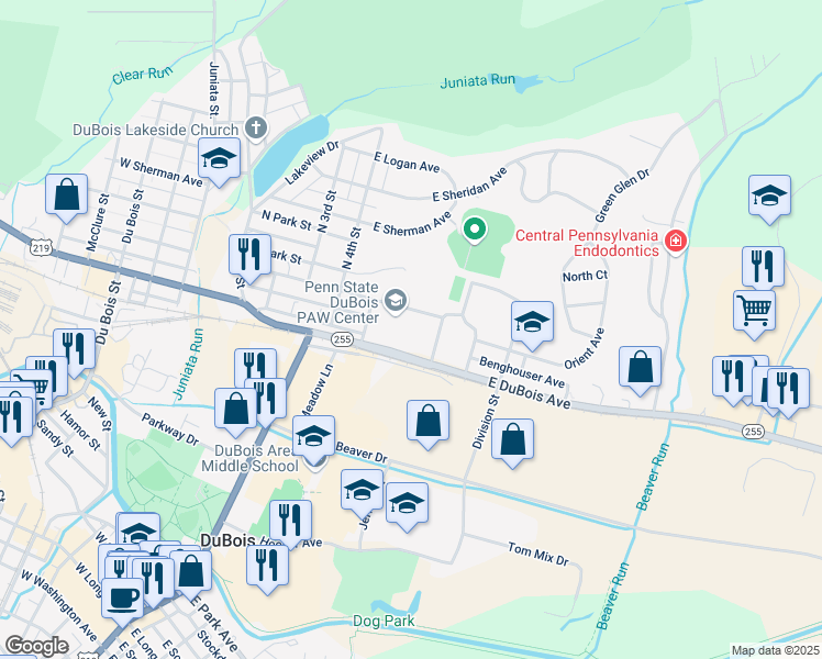 map of restaurants, bars, coffee shops, grocery stores, and more near 1 College Place in DuBois
