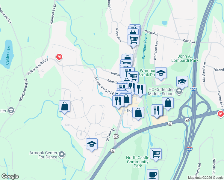 map of restaurants, bars, coffee shops, grocery stores, and more near 22 Whippoorwill Road East in Armonk