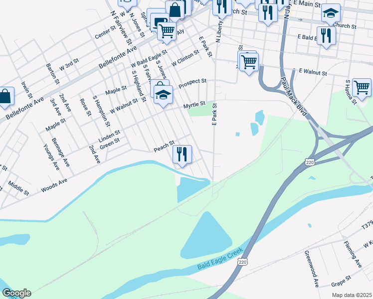 map of restaurants, bars, coffee shops, grocery stores, and more near 524 South Fairview Street in Lock Haven