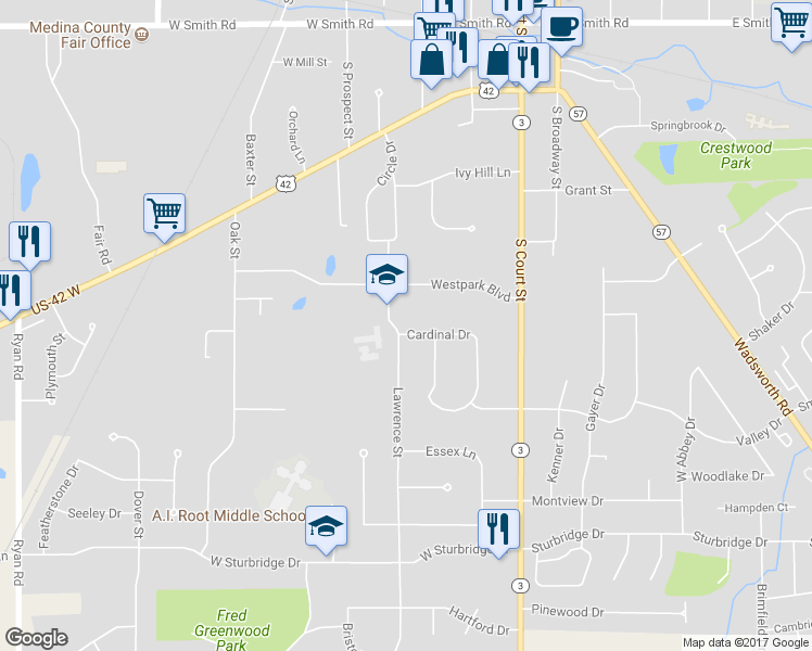 map of restaurants, bars, coffee shops, grocery stores, and more near 339 Cardinal Drive in Medina