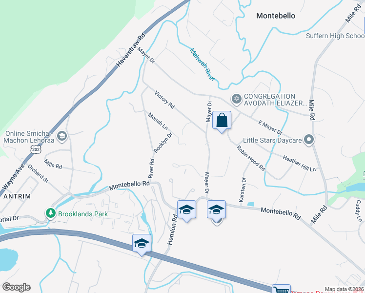 map of restaurants, bars, coffee shops, grocery stores, and more near 20 Moriah Lane in Suffern