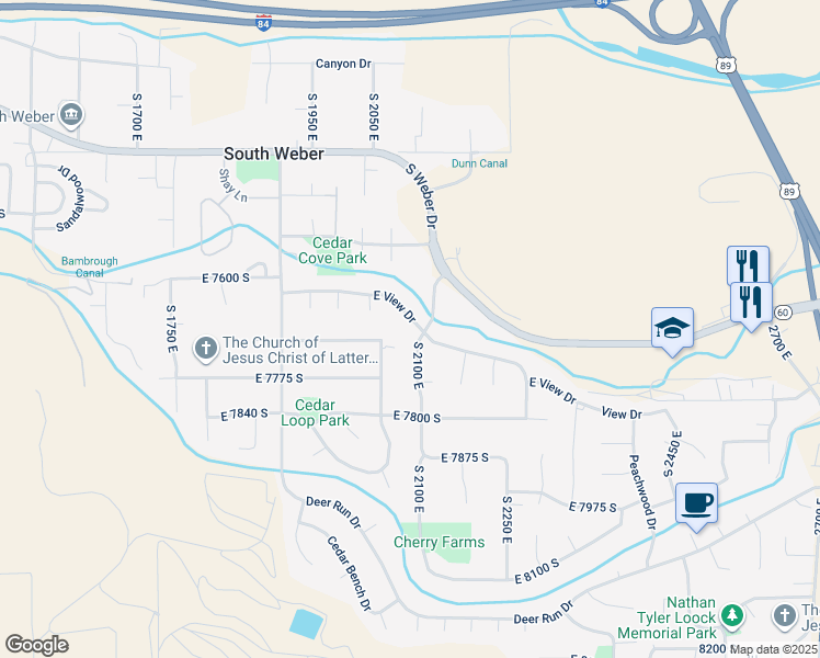 map of restaurants, bars, coffee shops, grocery stores, and more near 2093 East View Drive in South Weber