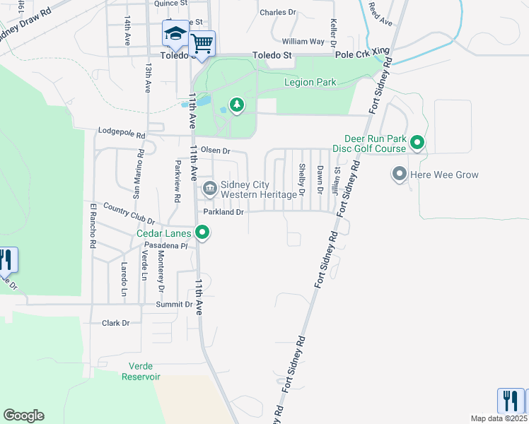 map of restaurants, bars, coffee shops, grocery stores, and more near Parkland Dr in Sidney