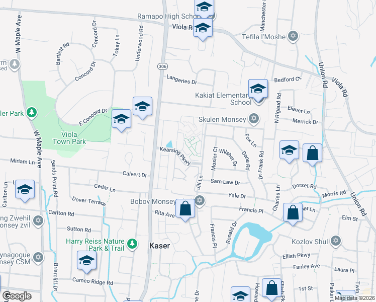 map of restaurants, bars, coffee shops, grocery stores, and more near 121 Edison Court in Monsey