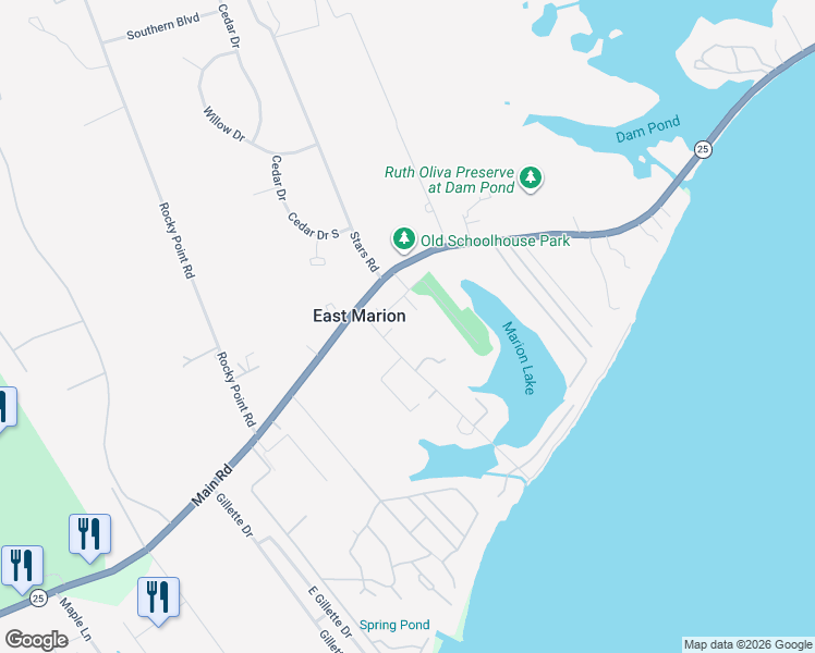 map of restaurants, bars, coffee shops, grocery stores, and more near 425 Bay Avenue in East Marion