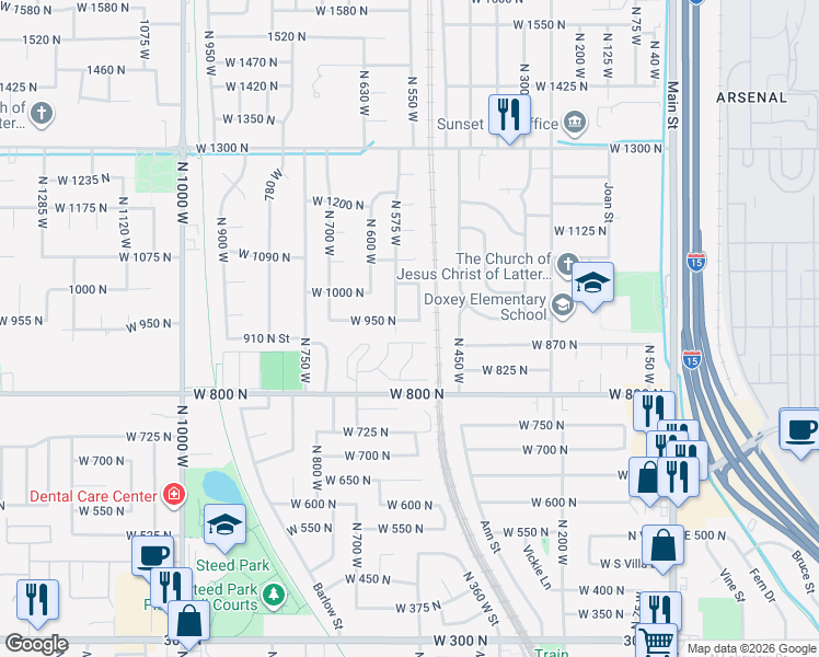 map of restaurants, bars, coffee shops, grocery stores, and more near 547 West 950 North in Clinton