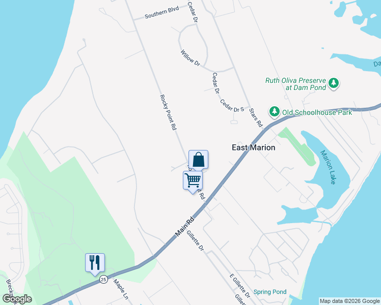 map of restaurants, bars, coffee shops, grocery stores, and more near 1000 Rocky Point Road in East Marion