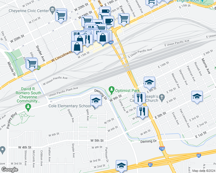 map of restaurants, bars, coffee shops, grocery stores, and more near 315 Hacienda Court in Cheyenne