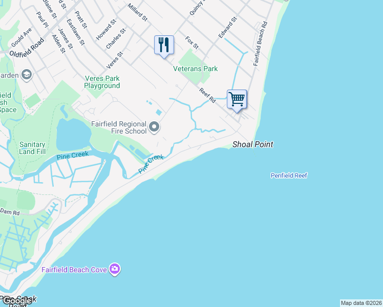 map of restaurants, bars, coffee shops, grocery stores, and more near 1073 Fairfield Beach Road in Fairfield