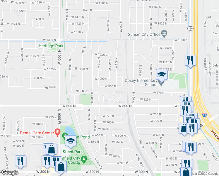 map of restaurants, bars, coffee shops, grocery stores, and more near 621 West 950 North in Clinton