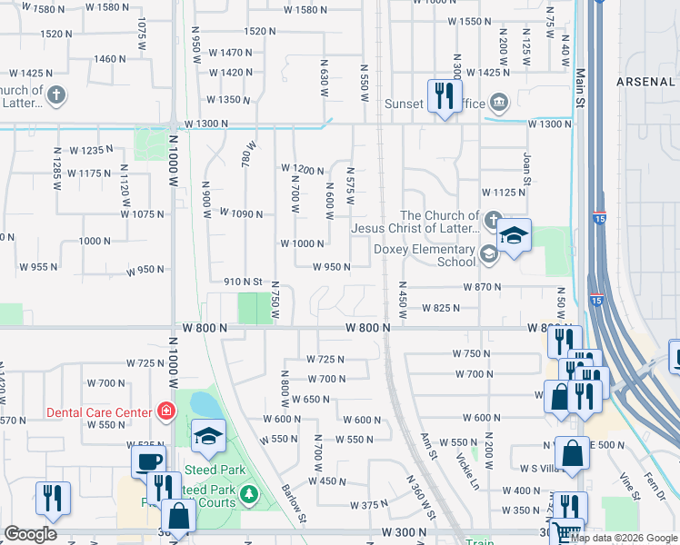 map of restaurants, bars, coffee shops, grocery stores, and more near 593 West 950 North in Clinton