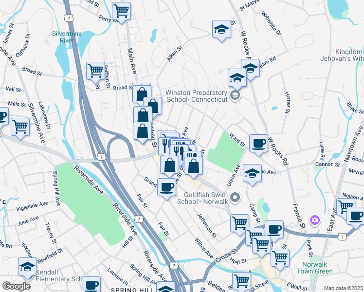 map of restaurants, bars, coffee shops, grocery stores, and more near 13 Center Avenue in Norwalk
