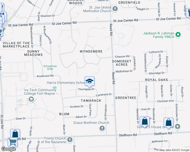 map of restaurants, bars, coffee shops, grocery stores, and more near 5208 Wyndemere Court in Fort Wayne