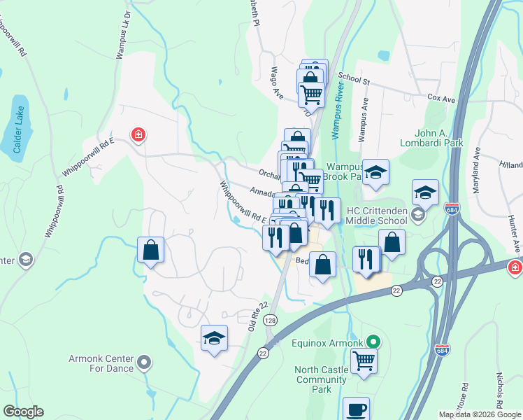 map of restaurants, bars, coffee shops, grocery stores, and more near 22 Whippoorwill Road East in Armonk