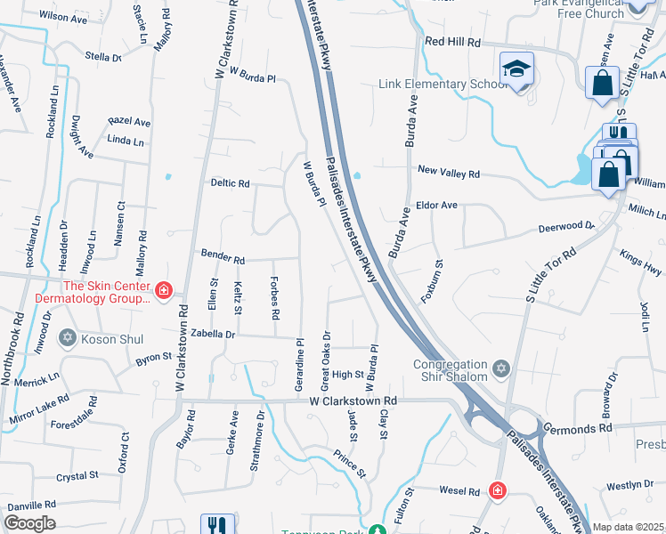 map of restaurants, bars, coffee shops, grocery stores, and more near 21 Bristol Court in New City