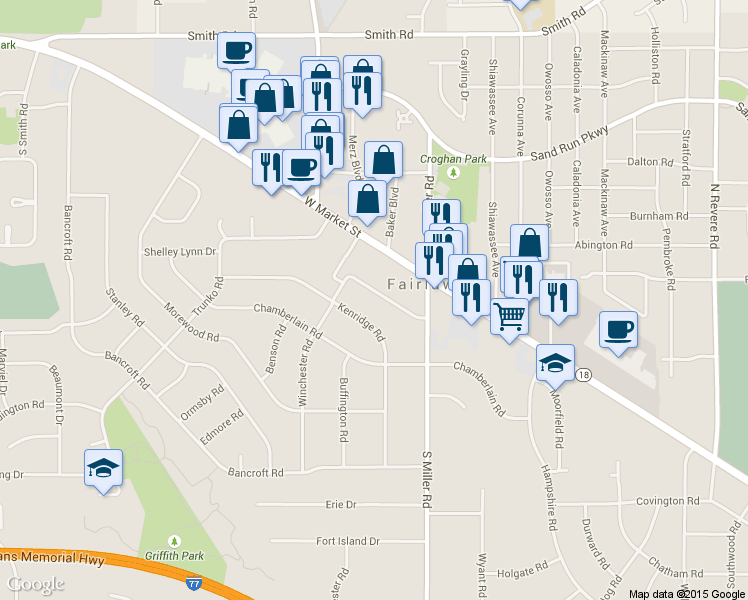 map of restaurants, bars, coffee shops, grocery stores, and more near 2824 Riviera Drive in Akron