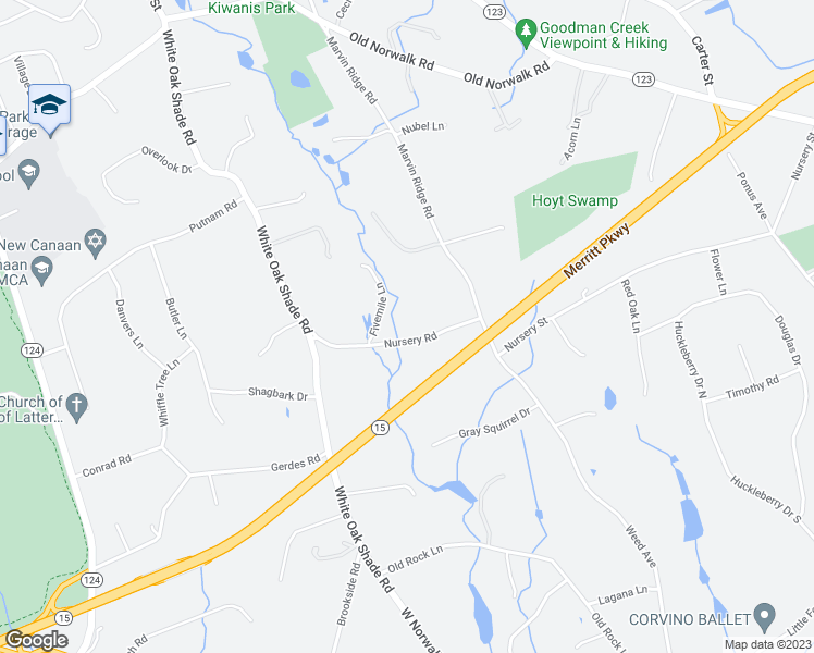 map of restaurants, bars, coffee shops, grocery stores, and more near 90 Nursery Road in New Canaan