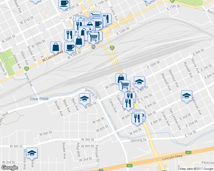 map of restaurants, bars, coffee shops, grocery stores, and more near 217 Hacienda Court in Cheyenne